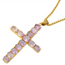 AMETHYST CROSS PENDANT WITH 14K GOLD BOX LINK CHAIN | 23 CTW OF AMETHYST, WEIGHS 30.1 GRAMS TW